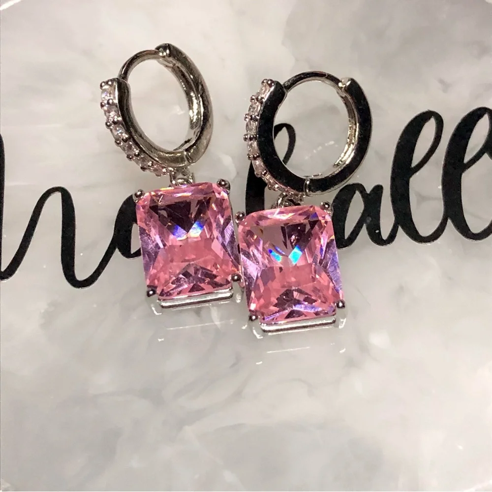 NEW WHITE GOLD BAGUETTE SQUARE PRINCESS PINK SAPPHIRE AMETHYST DIAMOND EARRINGS